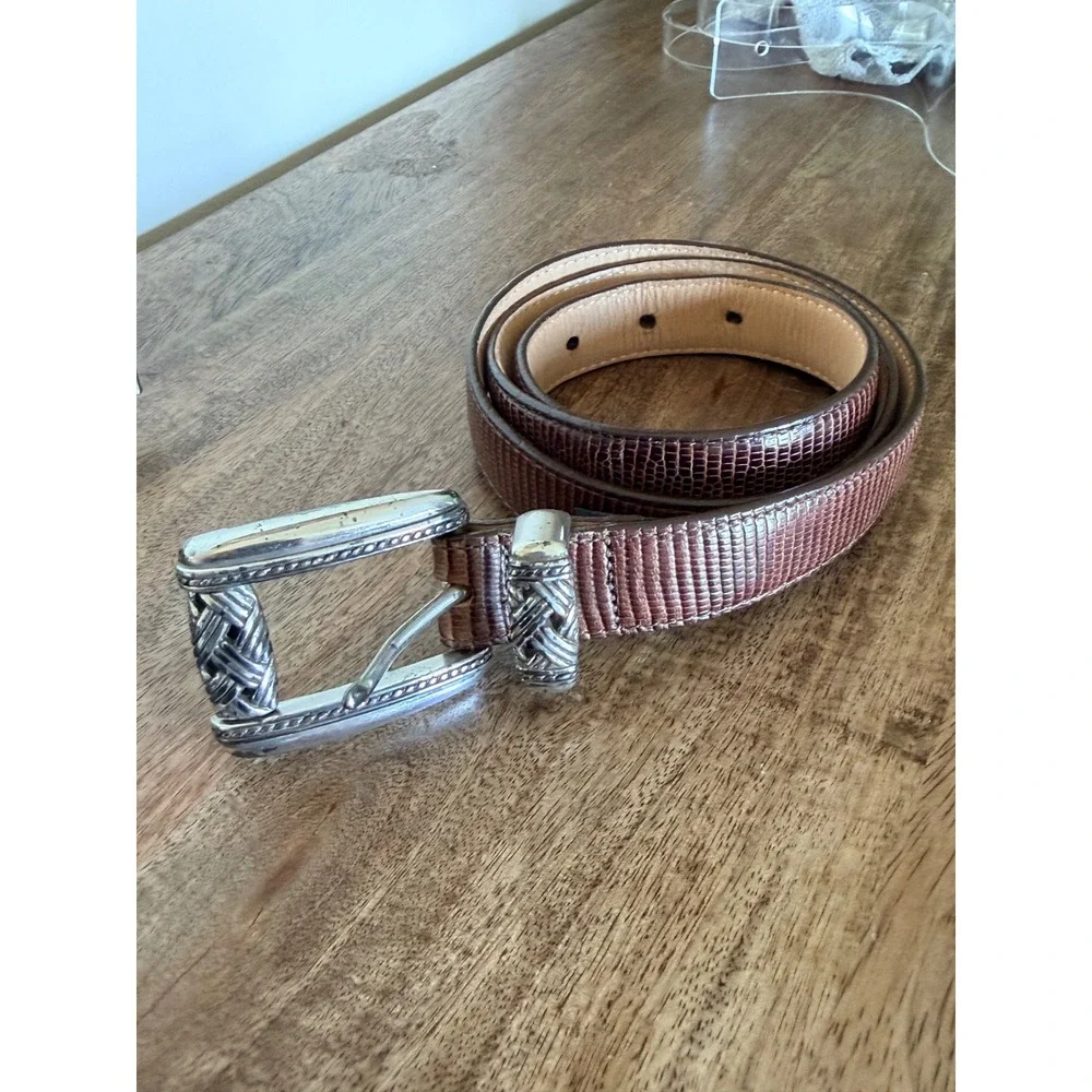 Brighton Womens Brown Lizard Embossed Leather Belt Size L Silver Buckle Western
